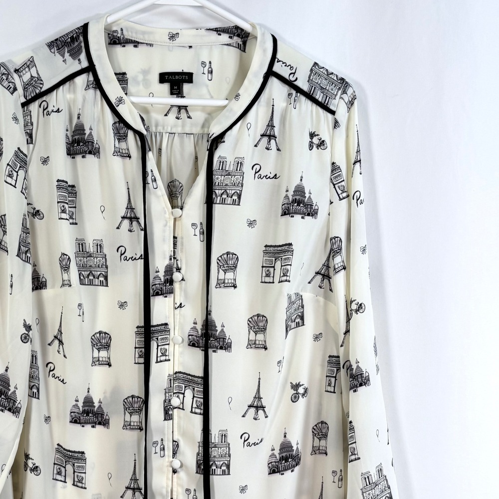 Talbots Blouse Cream Black Paris Novelty Print Eiffel Tower Top M